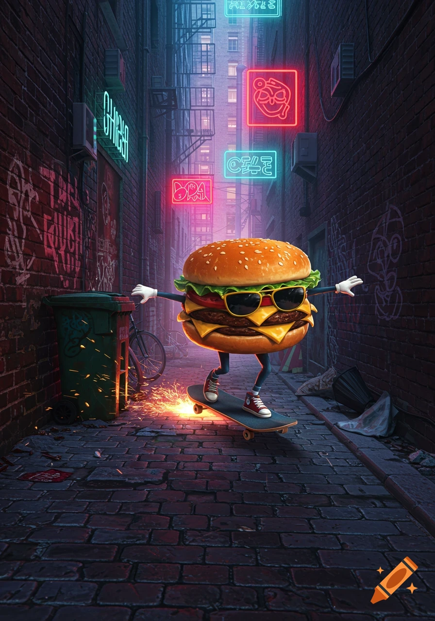 A cool cartoon hamburger wearing sunglasses skates down a neon-lit, graffiti-covered city alleyway at night.