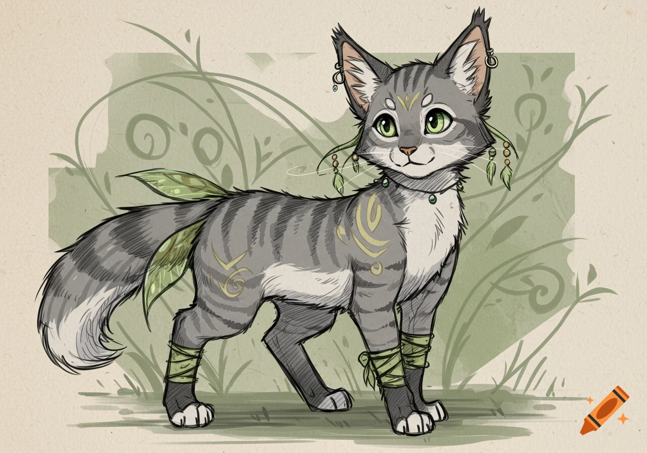 A stylized drawing of a gray tabby cat with green eyes, leaf adornments, yellow swirl markings, and green leg wraps, against a green leafy background.