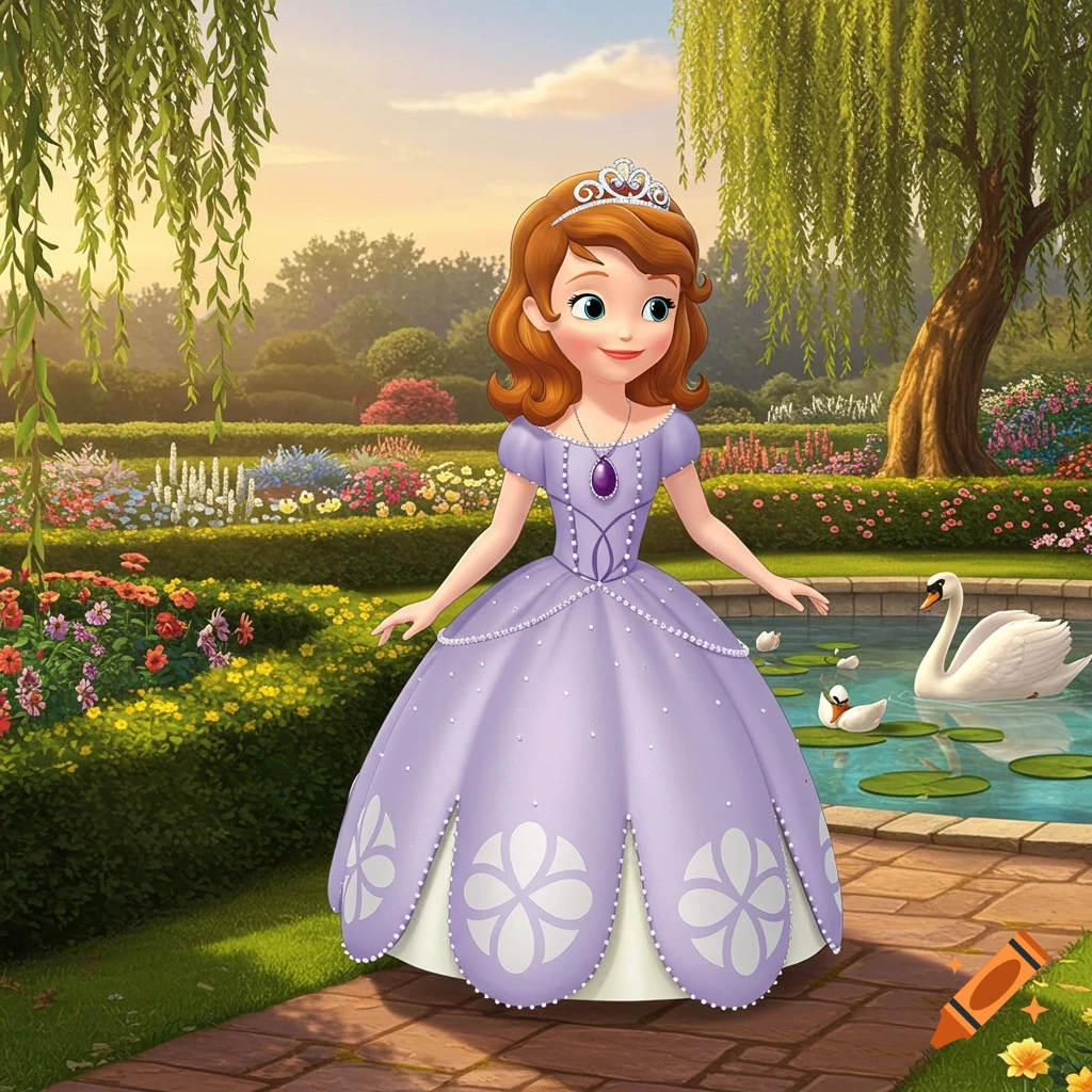 Cartoon princess Sofia in a lavender gown and tiara stands in a vibrant garden with a pond and swans.