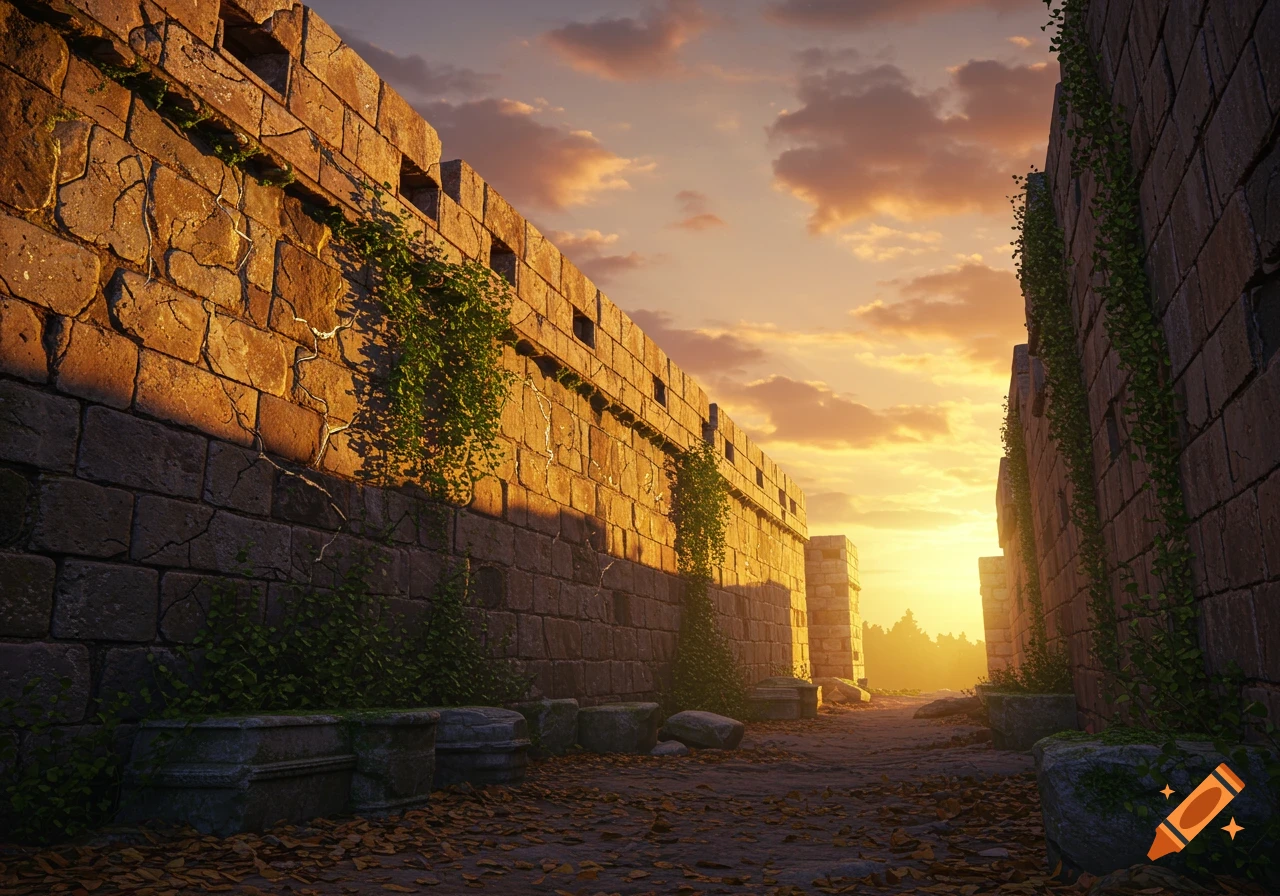 Golden sunlight illuminates a path between tall, ancient stone walls covered in ivy, under a cloudy sunset sky.