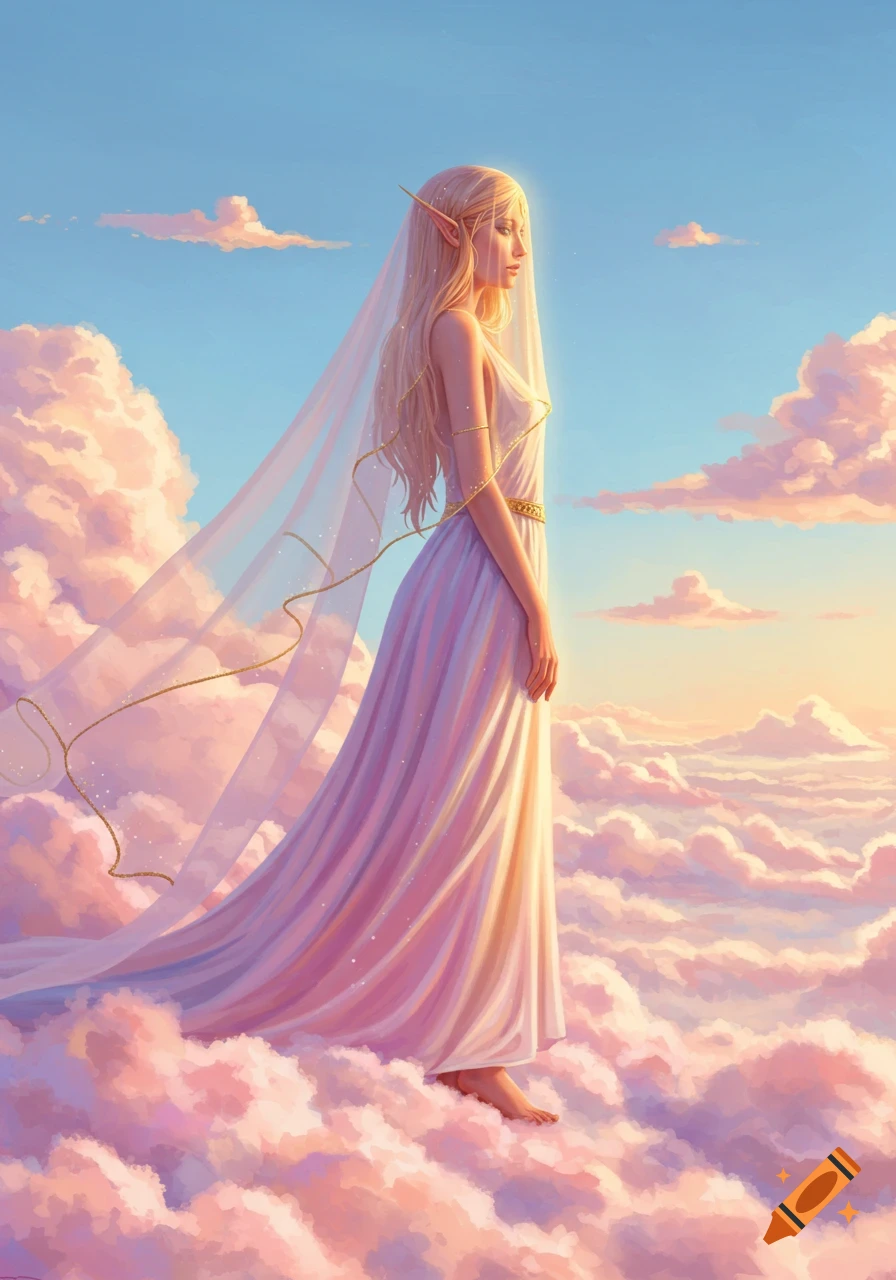 A blonde elf-like woman in a white flowing dress and veil stands on pink clouds under a bright, dreamy sky in a fantasy art style.