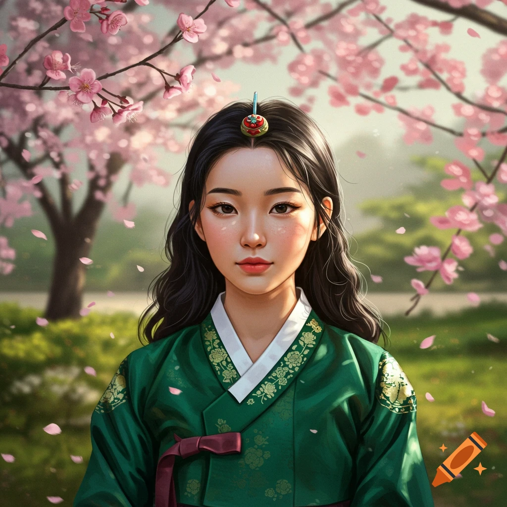 A young East Asian woman in a green traditional hanbok with a decorative hairpiece stands among pink cherry blossom trees, with petals falling, in a detailed art style.