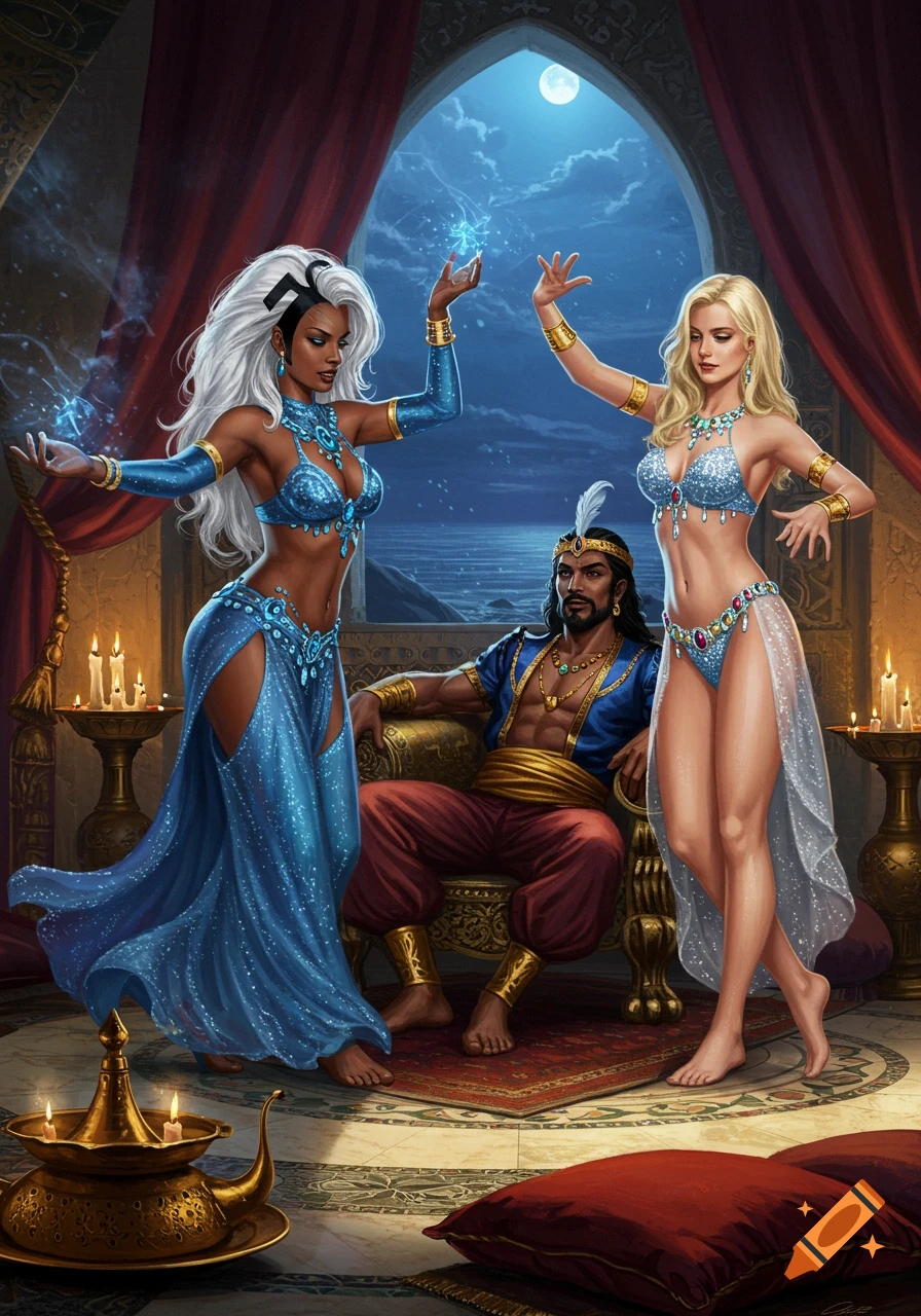 Storm and Emma Frost belly dance in a lavish chamber overlooking a moonlit sea, while Sinbad watches from a golden throne.
