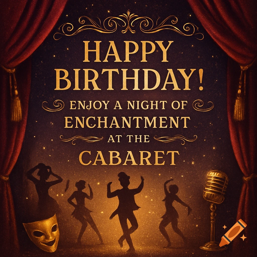 Vintage-style birthday card for a cabaret, with red curtains, golden text, silhouetted dancers, a mask, and a microphone.
