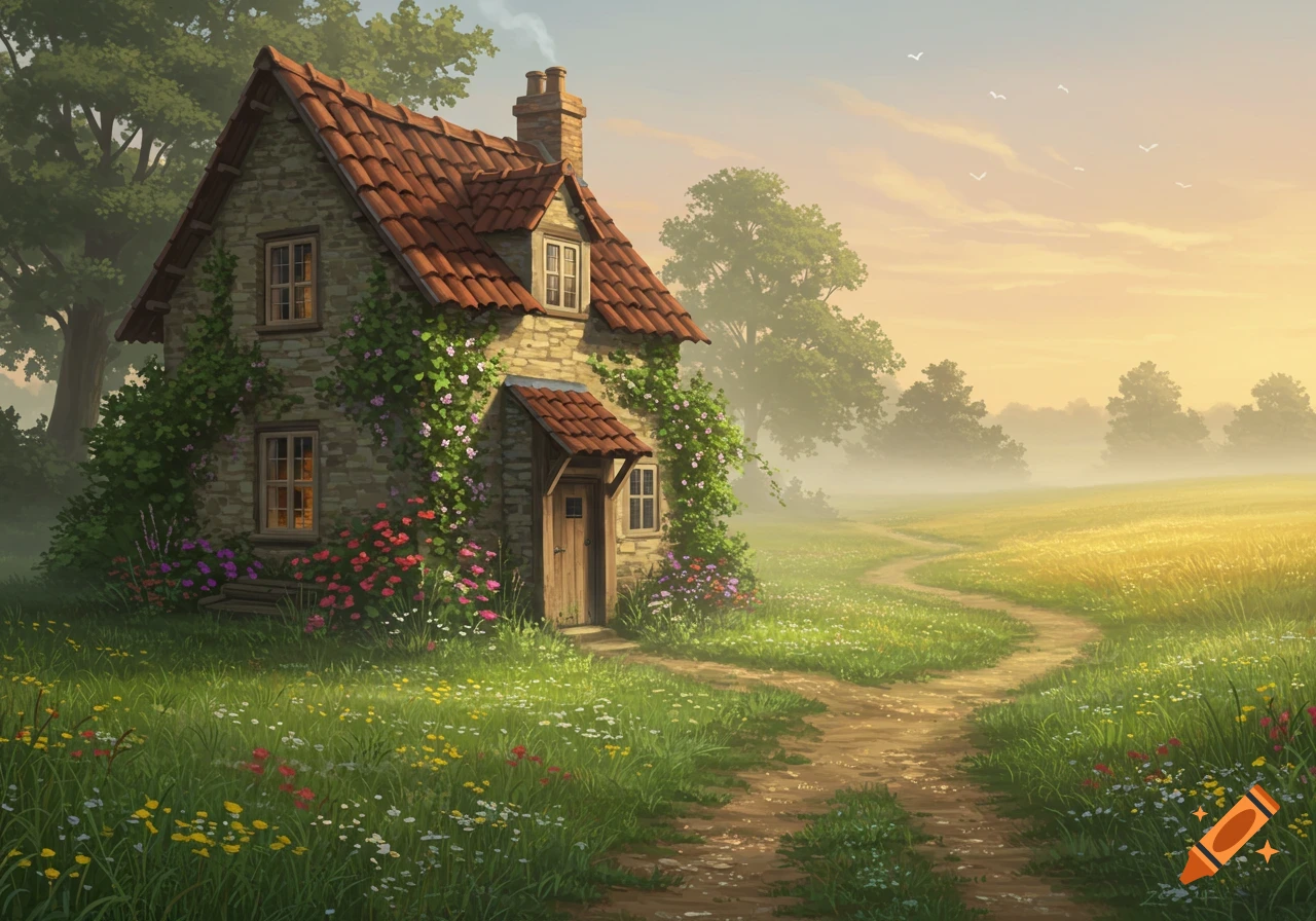 A cozy stone cottage covered in vines and flowers sits beside a winding dirt path leading to a misty, golden field at sunset.