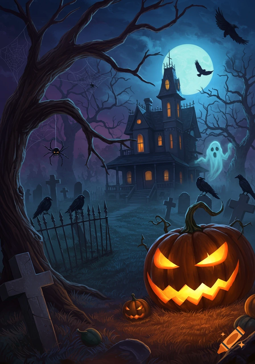 A spooky Halloween illustration of a haunted house, graveyard, glowing jack-o'-lantern, ghost, spiders, and crows under a full moon.