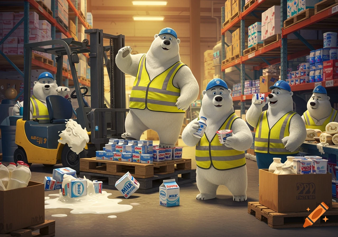 Cartoon polar bears in safety vests and hard hats work in a dairy warehouse, with spilled milk on the floor.