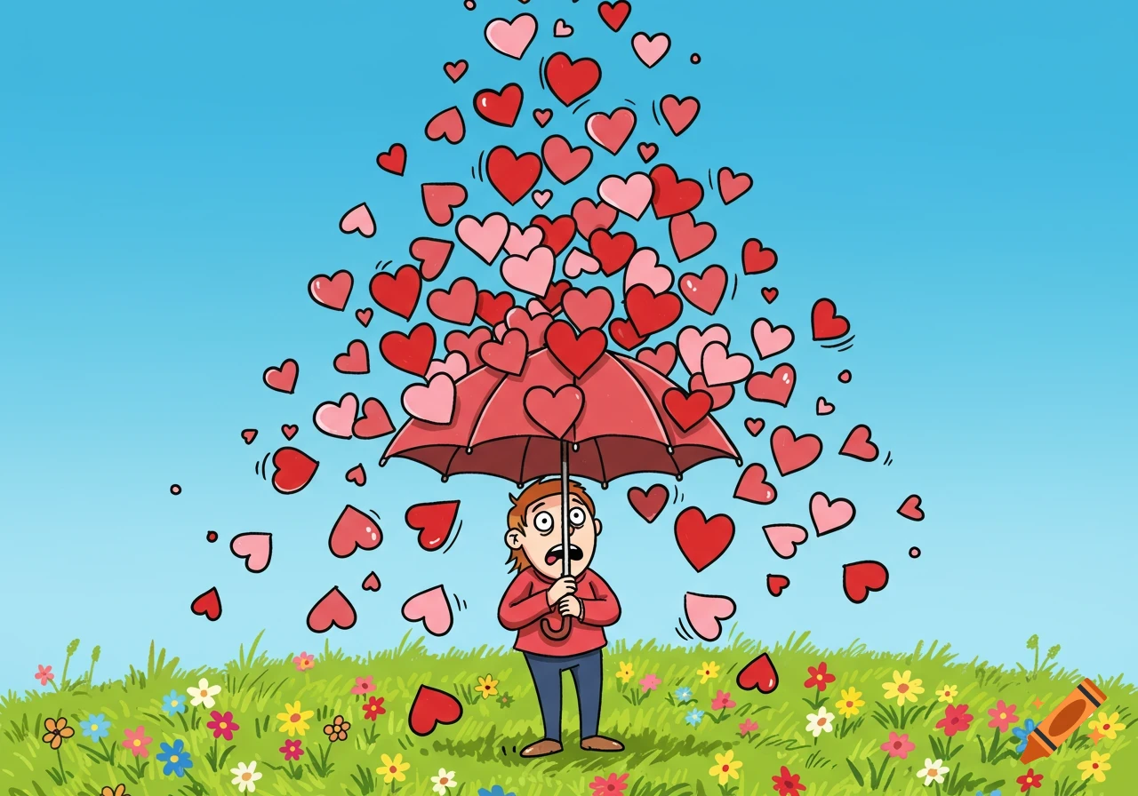 A cartoon person holding an umbrella is humorously overwhelmed by a massive downpour of red and pink hearts, standing in a field of flowers.