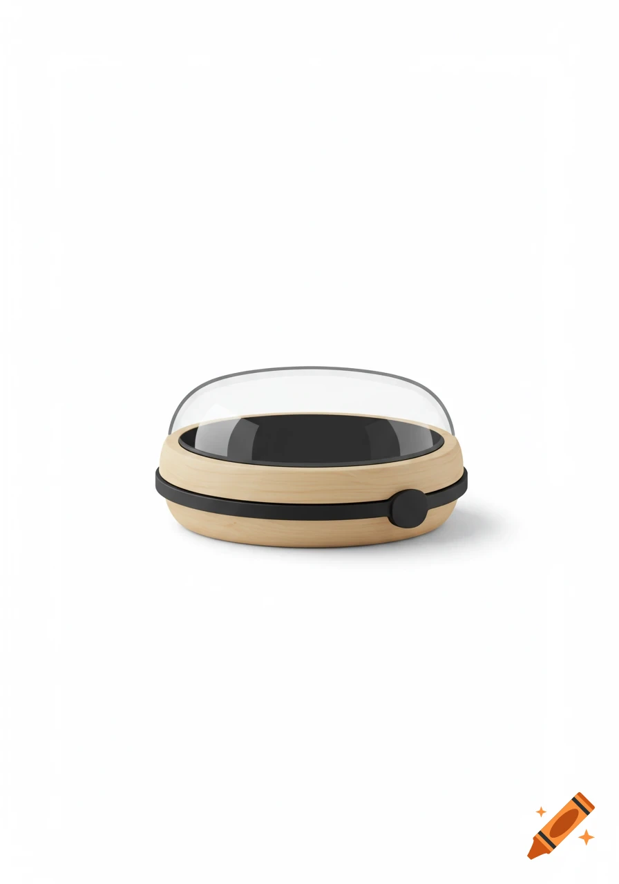 A modern, minimalist circular wooden container with a clear dome lid and a black accent band on a white background.