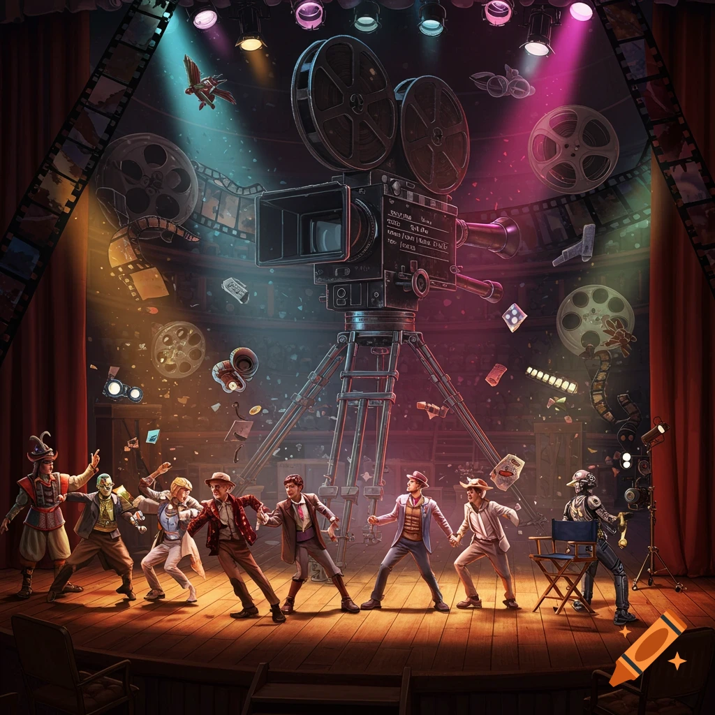 A theatrical stage features a large vintage film camera surrounded by diverse characters, film reels, and papers, illuminated by spotlights.