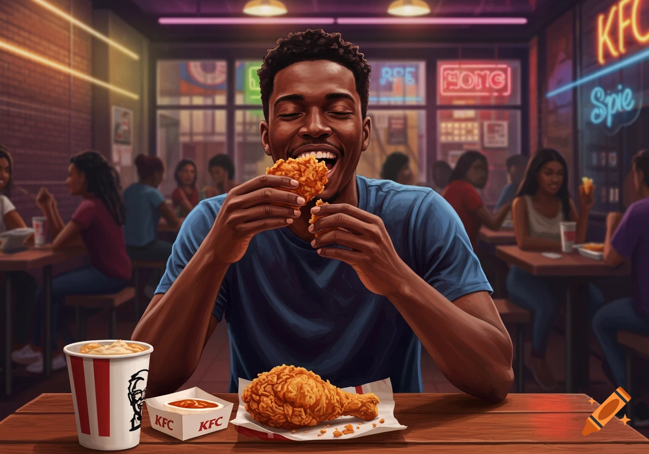 A smiling Black man in a blue shirt eagerly bites into a piece of fried chicken in a vibrant KFC restaurant, with other diners in the background.