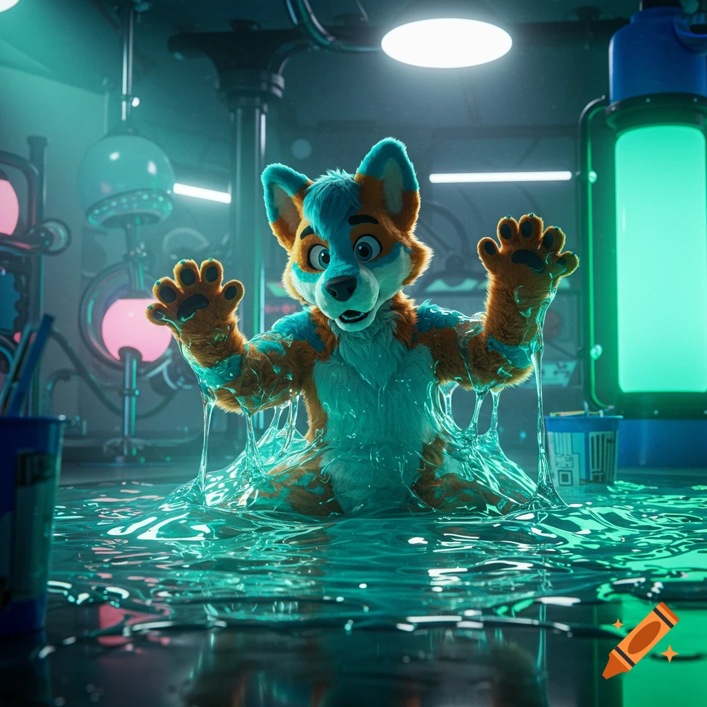 A blue and orange fursuit fox character is stuck in glowing green slime in a futuristic laboratory.