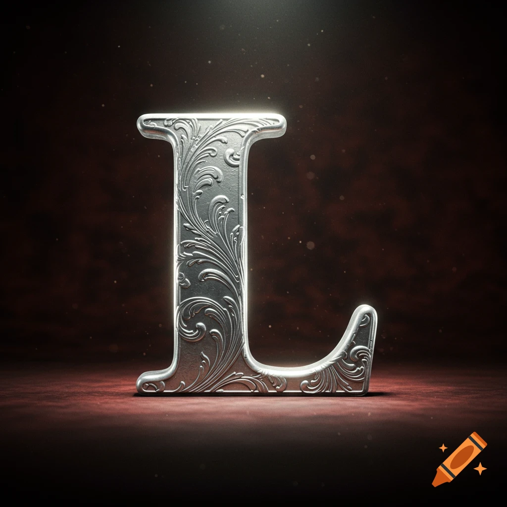 Ornate silver letter L on a dark, textured background with subtle light effects.