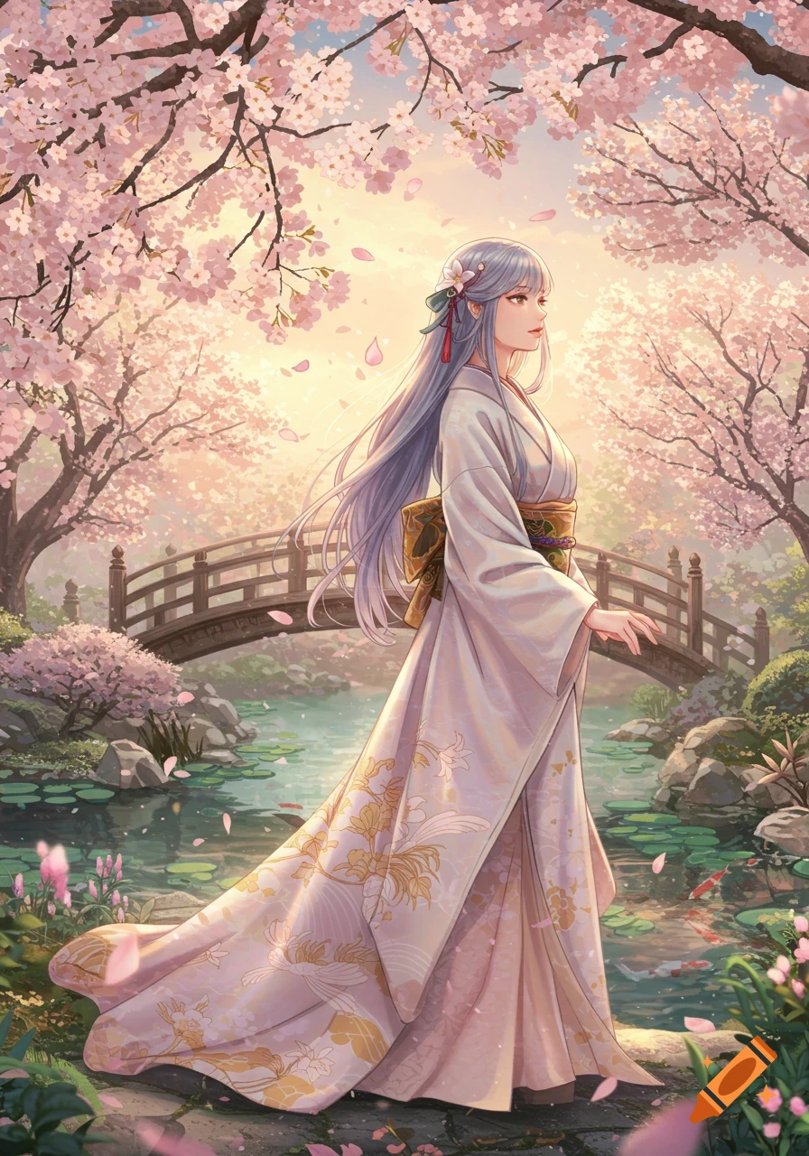 Anime girl in a white kimono in a Japanese garden under blooming cherry trees with a pond and bridge in anime style.