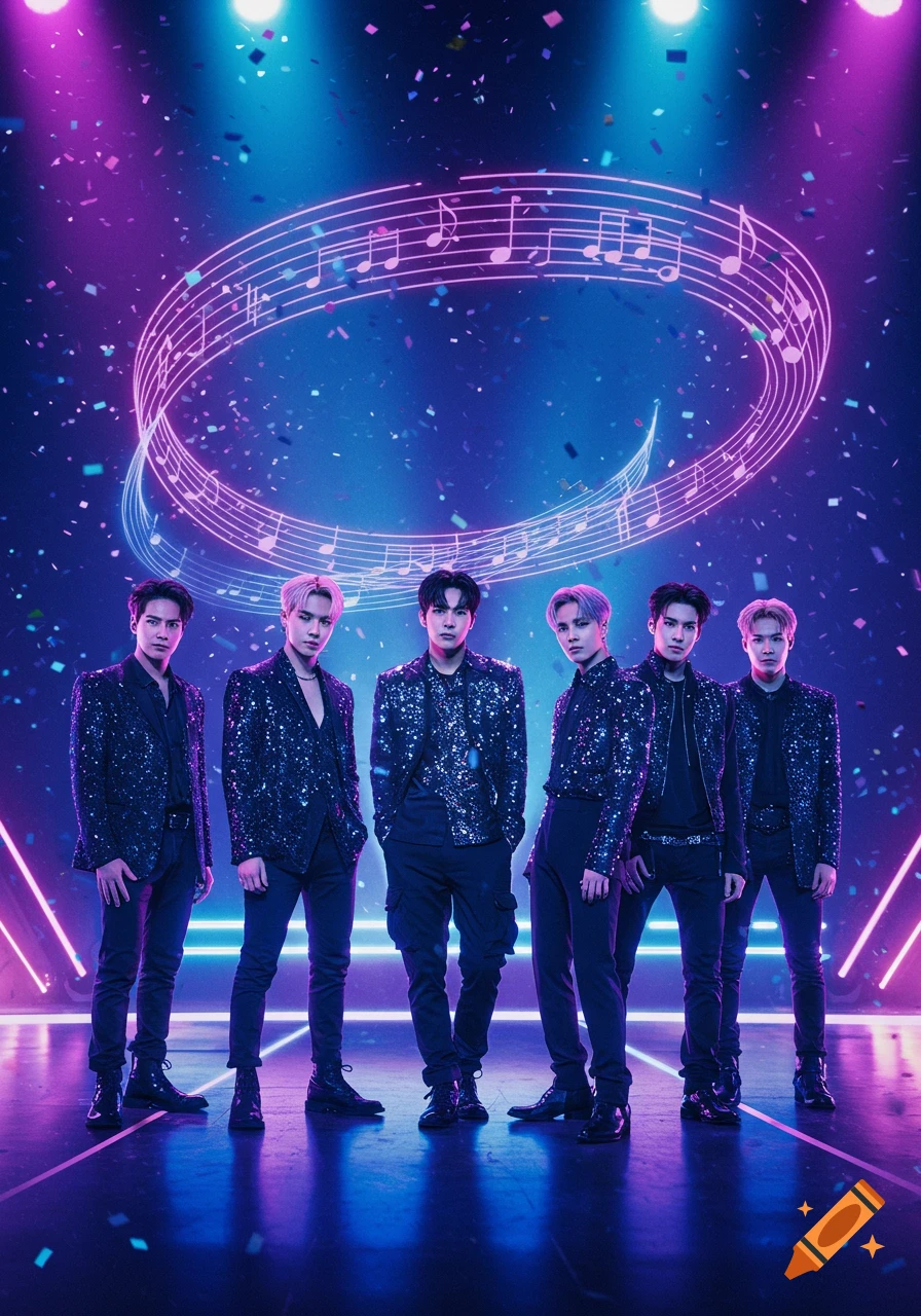 Six men in sequined outfits stand on a neon-lit stage with musical notes and confetti falling. Photorealistic style.