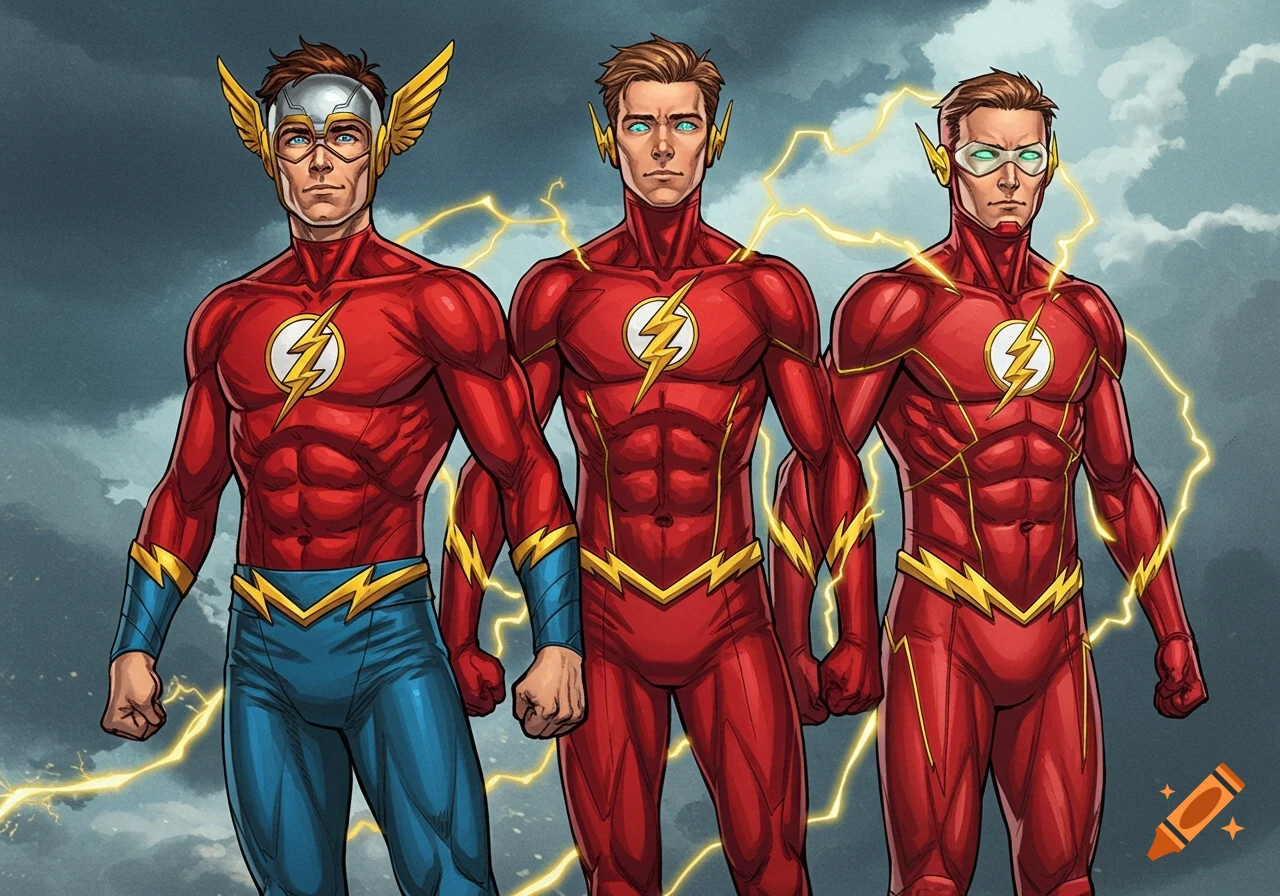Three muscular male superheroes, different versions of The Flash in red and blue lightning bolt suits, stand against a stormy sky in comic art style.