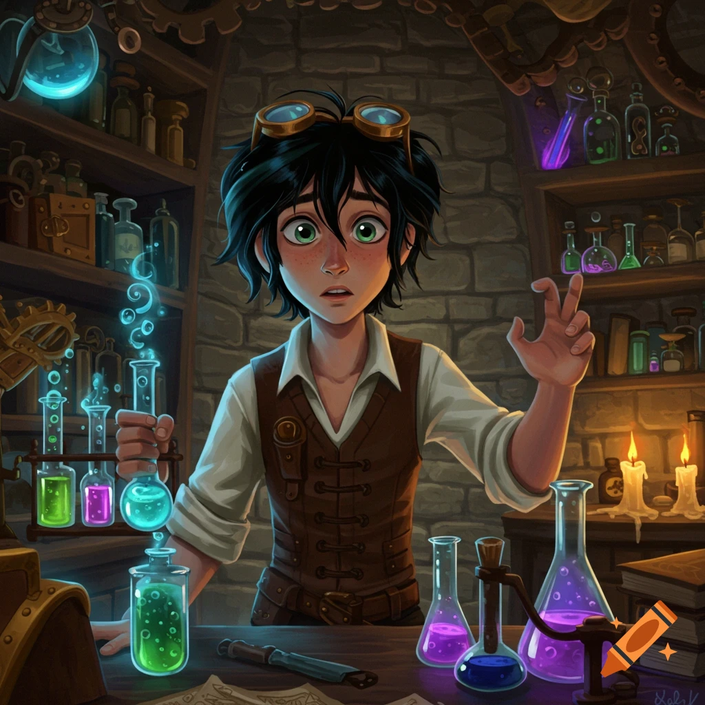 A cartoon boy with dark hair and goggles on his head stands in an alchemy lab, holding a glowing blue flask.