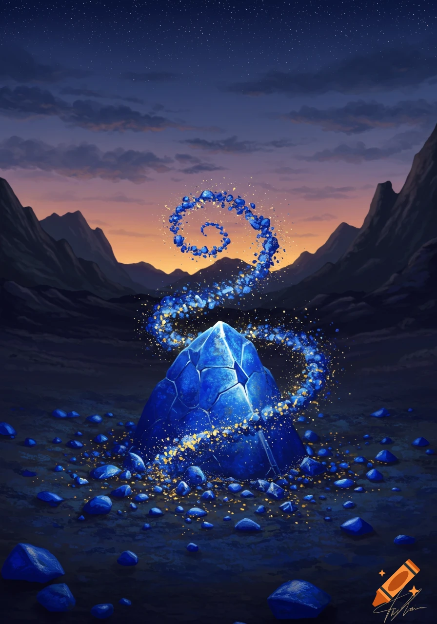 A large blue crystal on a desolate landscape under a starry sky, with blue and gold particles spiraling upwards from it.