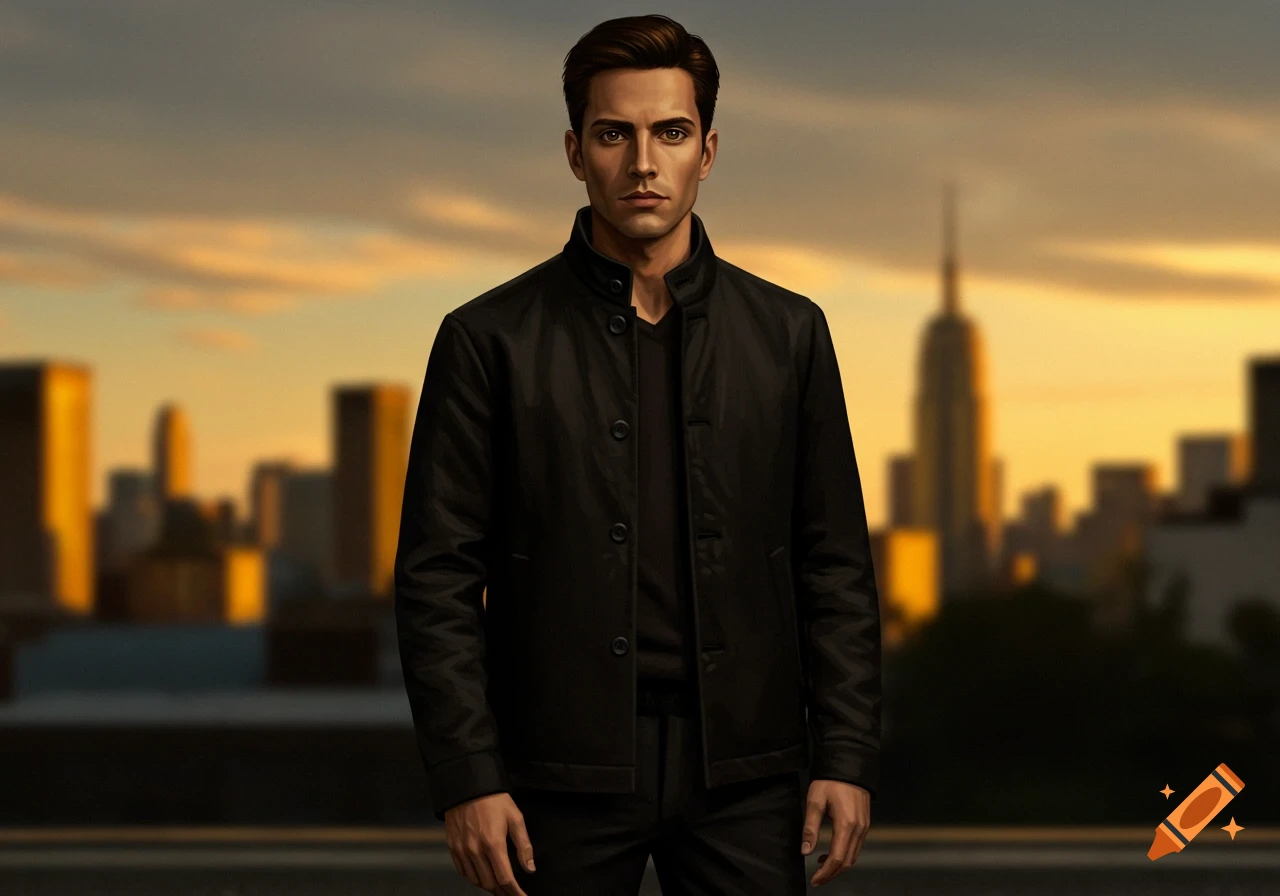 Photorealistic portrait of a man with dark hair and brown eyes in a black jacket and pants, standing against a blurred city skyline at sunset.