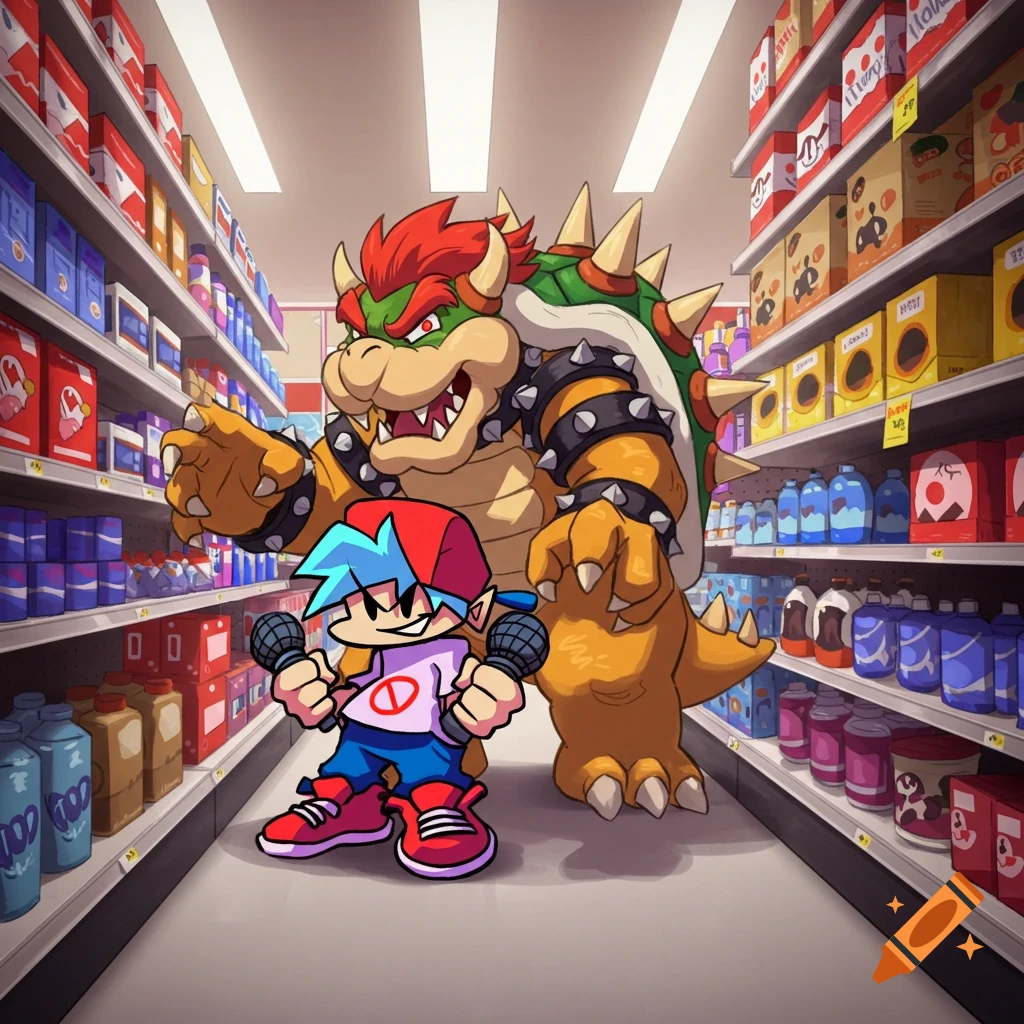 Cartoon Bowser and Boyfriend FNF stand in a well-stocked grocery store aisle.