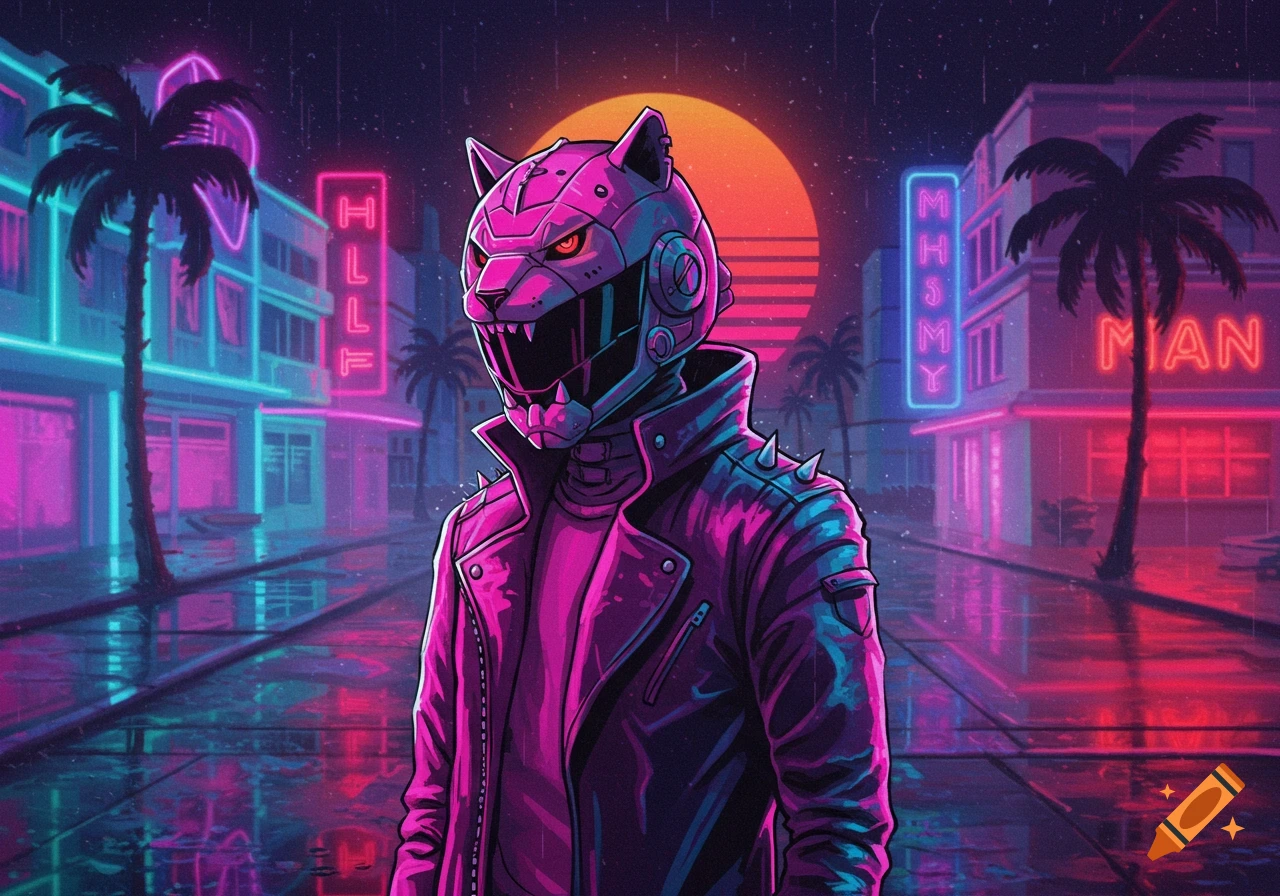 Synthwave art of a person in a pink panther-like helmet and leather jacket, on a wet street with neon buildings and palm trees under a retro sunset.