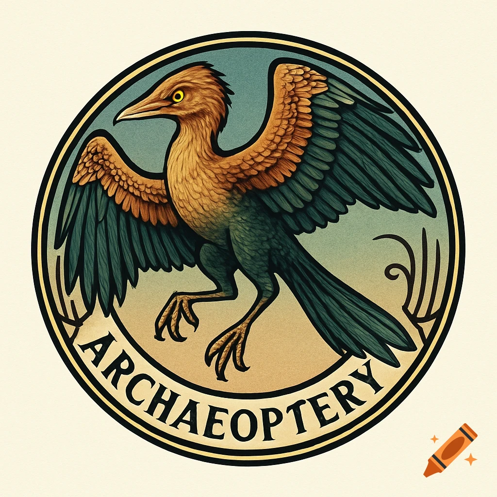 A round logo featuring a stylized Archaeopteryx with brown feathers and a dark green body, set against a two-tone blue and yellow background, with the word "ARCHAEOPTERY" written in an arc at the bottom.