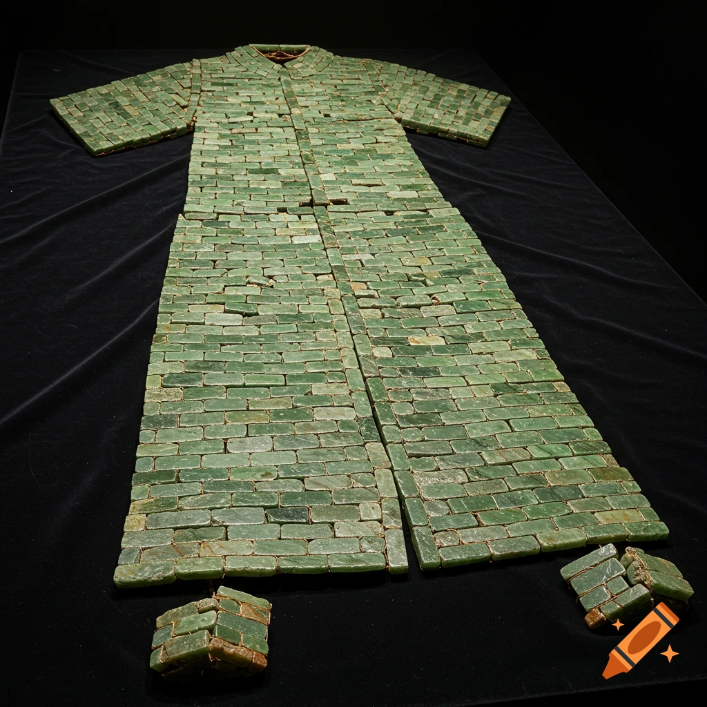 A green jade burial suit made of rectangular pieces linked by golden wire, displayed on black cloth.