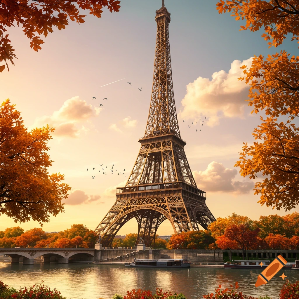 Photorealistic image of the Eiffel Tower at sunset, framed by vibrant autumn trees, overlooking a river with boats.