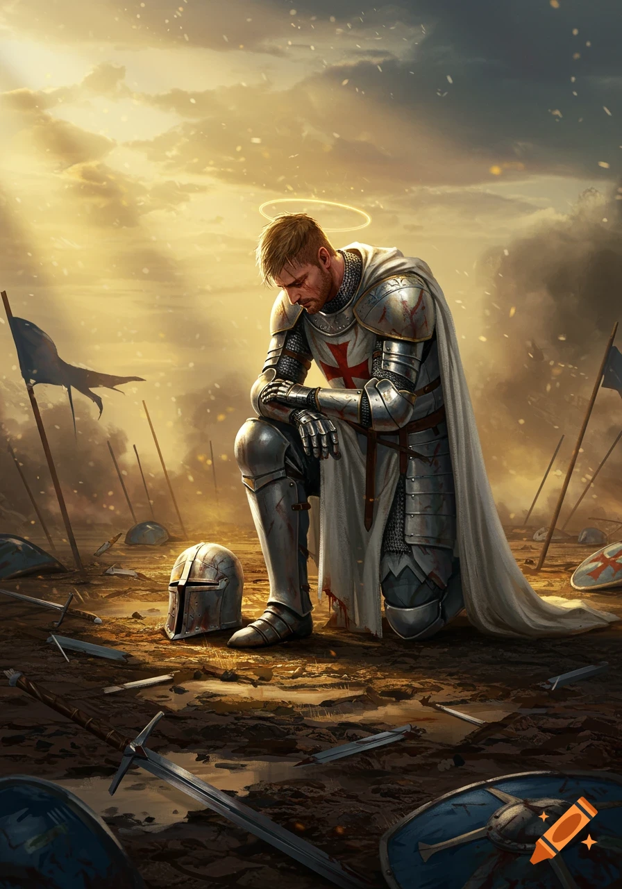 A knight in shining armor with a red cross kneels on a battle-scarred field at sunset, head bowed, surrounded by swords and shields.