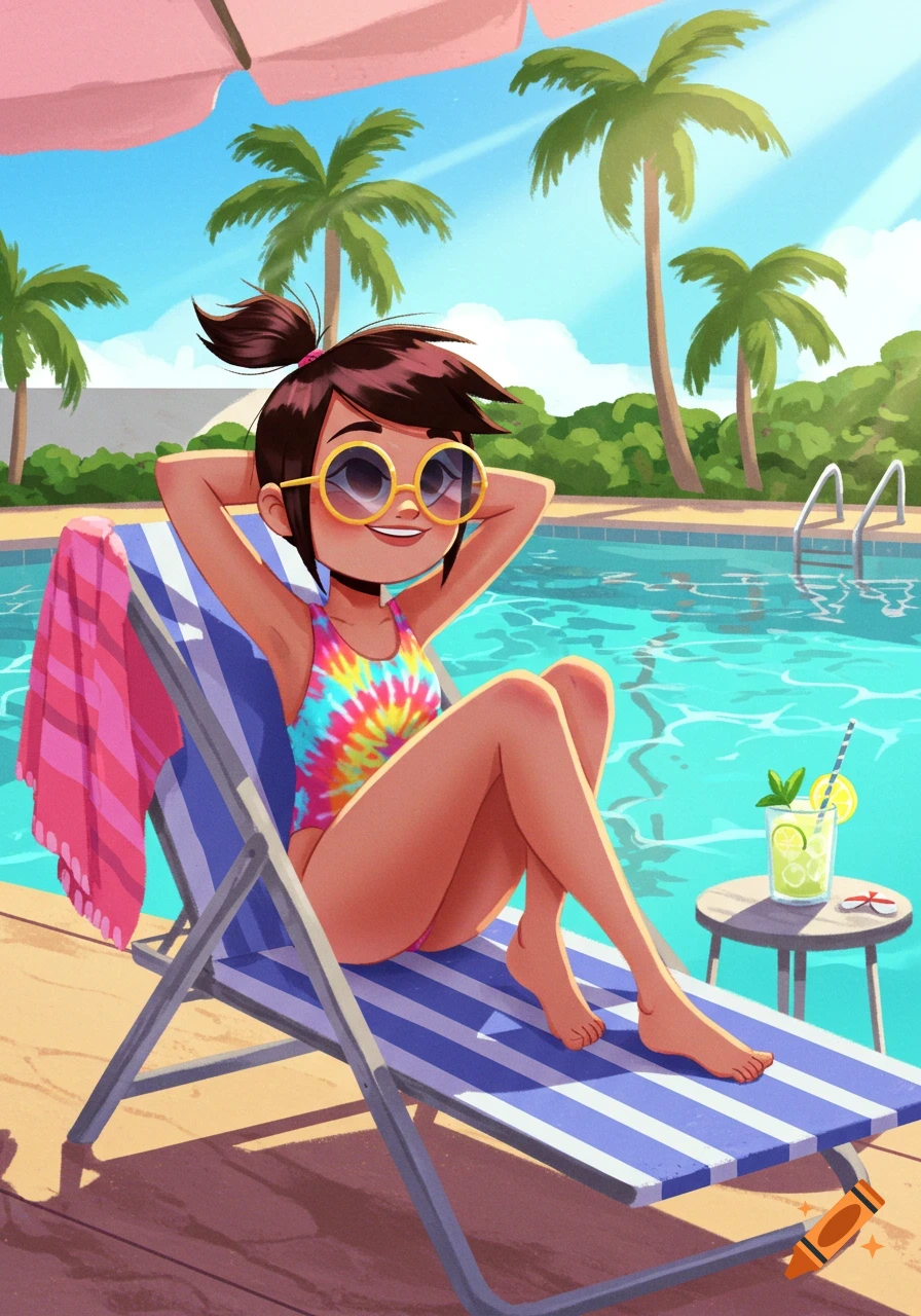 An animated girl, Molly McGee, relaxes on a blue and white striped beach chair by a swimming pool under a sunny sky with palm trees. She wears a tie-dye swimsuit and sunglasses.