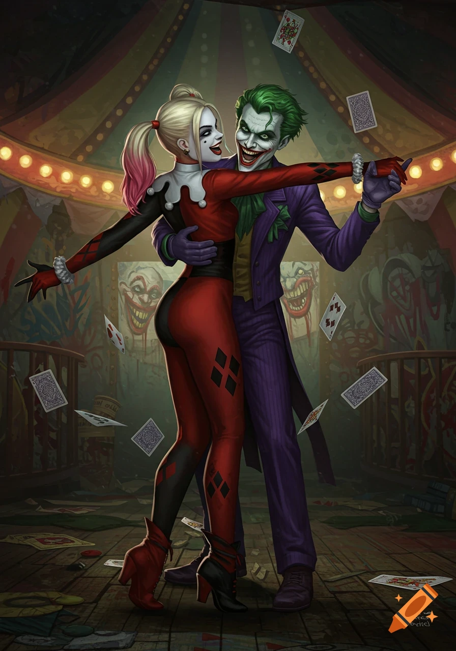 Harley Quinn and the Joker dancing in a dramatic, chaotic circus tent with scattered playing cards and clown faces.