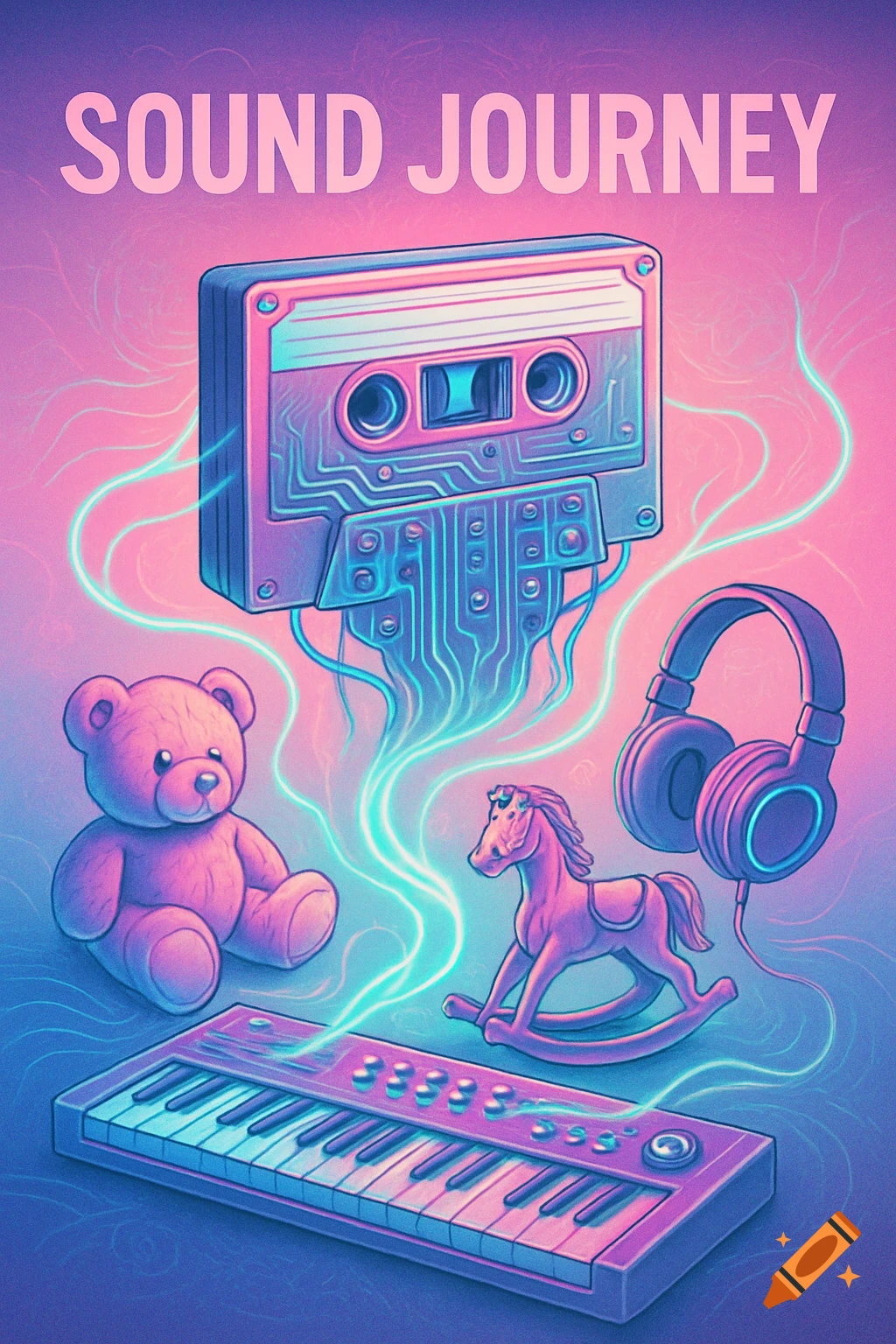 A vaporwave concert poster with 'SOUND JOURNEY' text, featuring a circuit-like cassette tape, keyboard, headphones, teddy bear, and rocking horse in pink and cyan.
