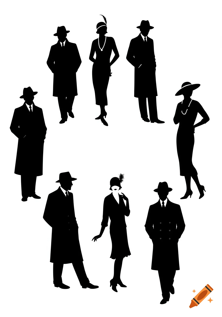 Black silhouettes of men and women dressed in 1930s fashion against a white background.