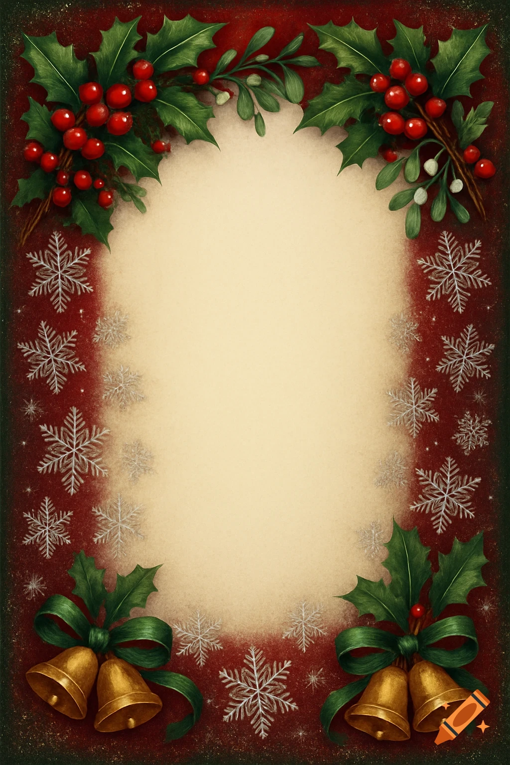 Christmas border with holly, mistletoe, snowflakes, and golden bells on a textured red background with a cream center.