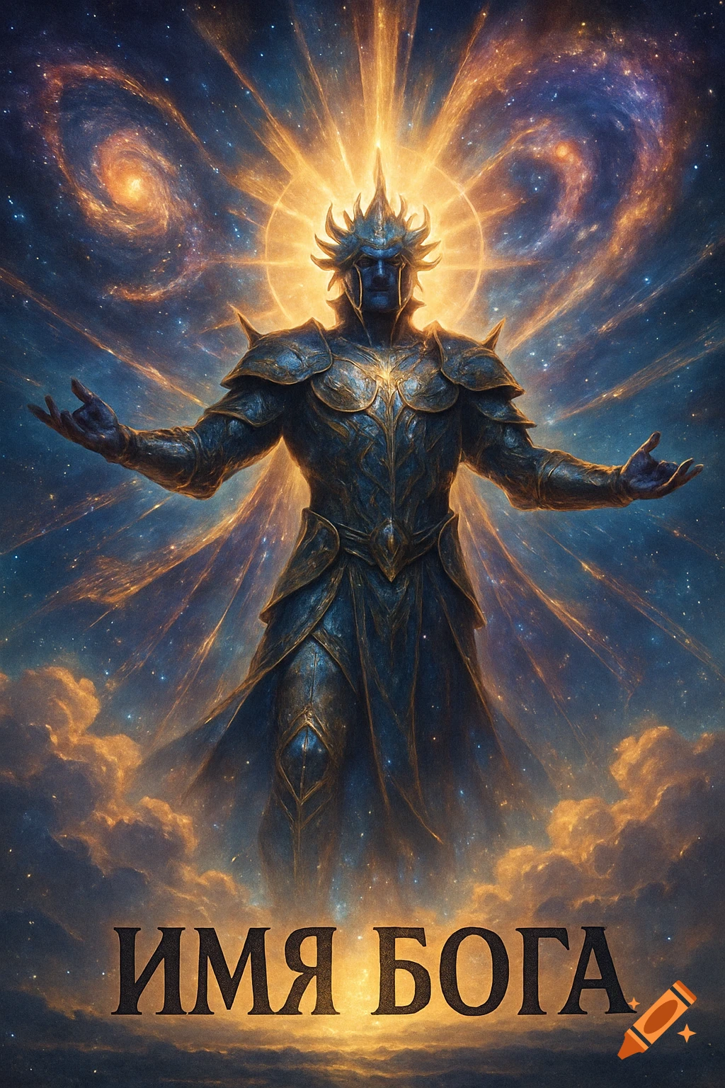 A majestic armored god-like figure radiates golden light against a cosmic background with galaxies, clouds, and stars, with the text 'ИМЯ БОГА' at the bottom.