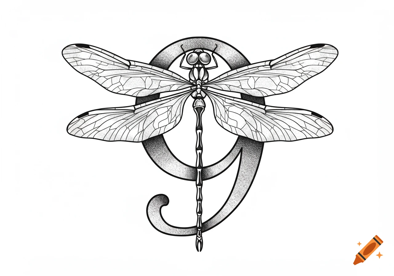 Black and white line art of a stylized dragonfly forming the shape of the number 9, designed as a tattoo.