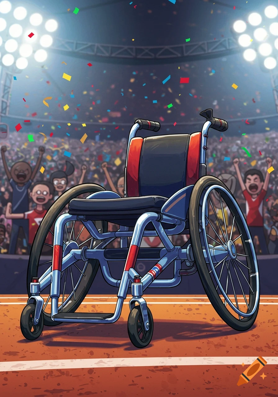 A cartoon sports wheelchair on a track in a stadium, with confetti falling and a cheering crowd in the background.