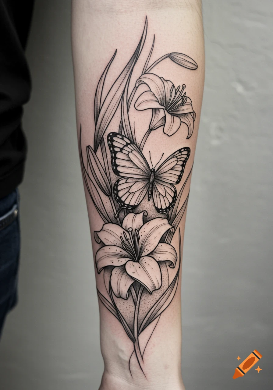 Black and grey fine line tattoo of lily flowers and a butterfly on a forearm.
