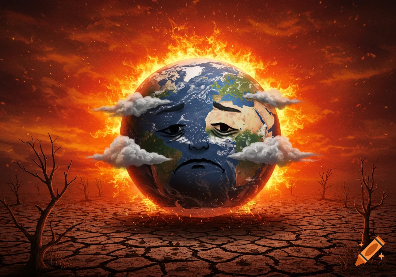 The Earth with a sad face is burning, surrounded by flames over a cracked, dry, barren landscape with dead trees, symbolizing global warming.