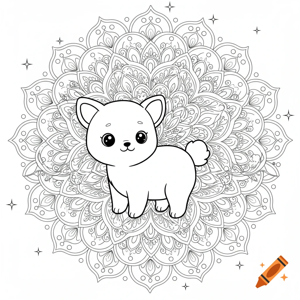 Black-and-white line art of a cute cartoon puppy on a symmetrical floral mandala with stars, suitable for coloring.