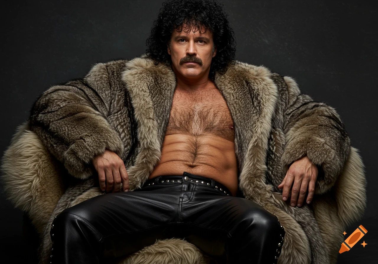 A rugged middle-aged man with curly hair and a mustache poses shirtless in a fur coat and black leather pants, 1980s style.