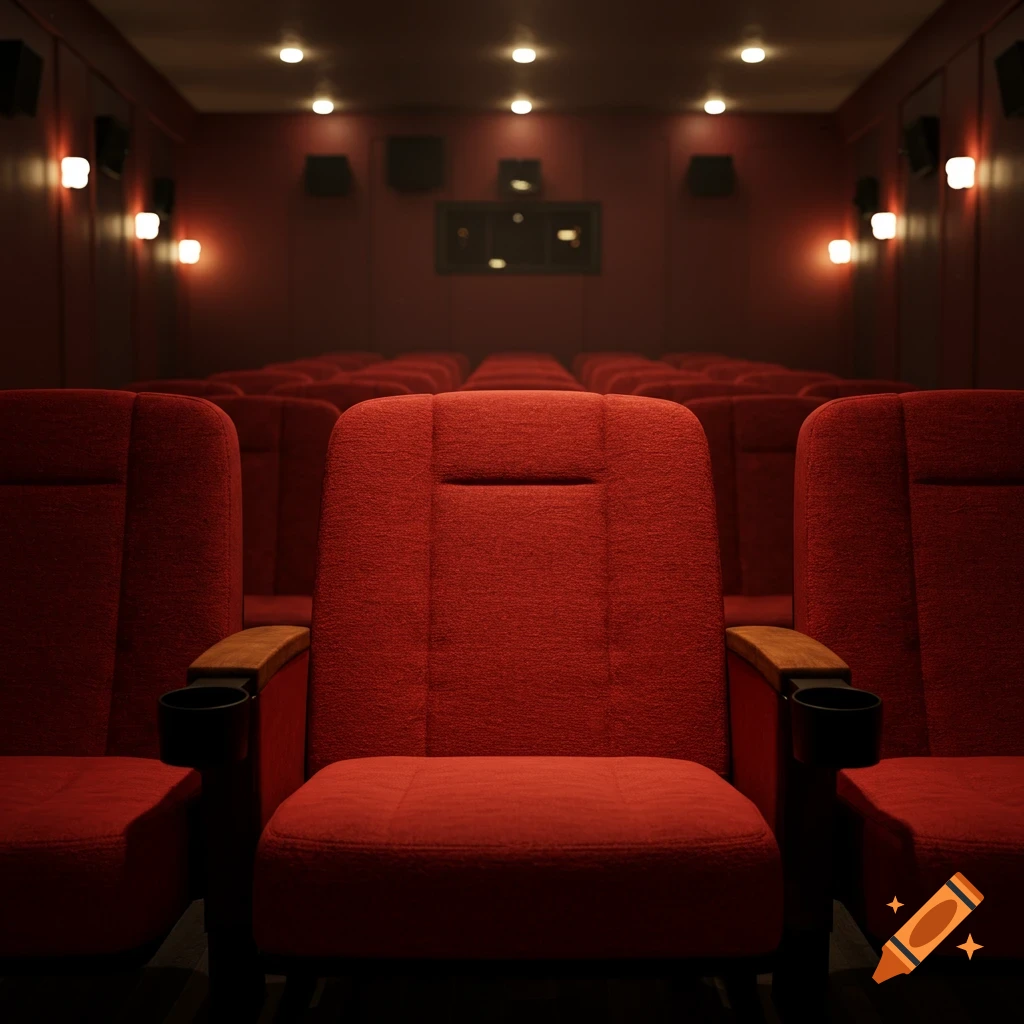 Rows of empty red cinema seats in a dimly lit movie theater.