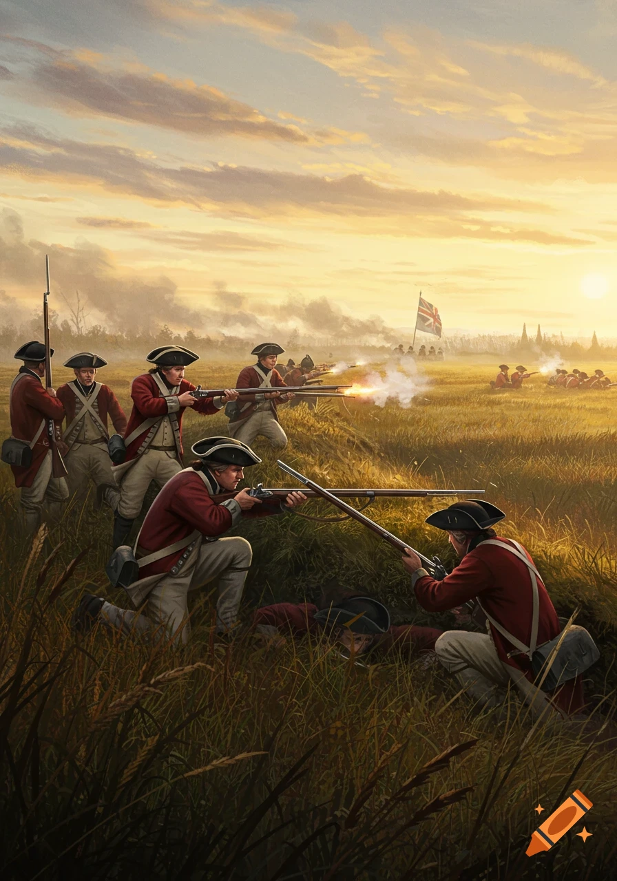 Painting of British soldiers in red coats firing muskets in a grassy ...