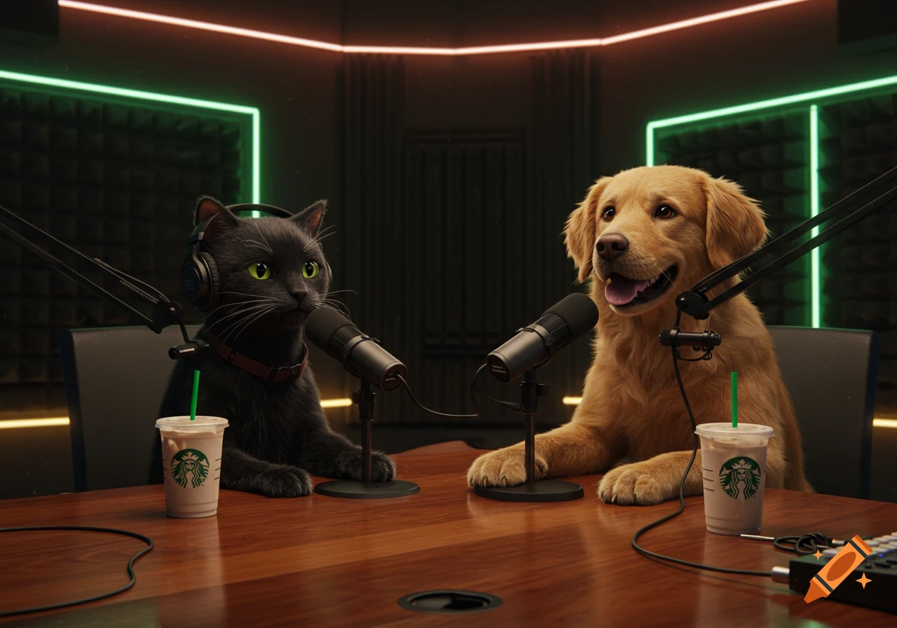 A black cat wearing headphones and a golden retriever sit at a table in a podcast studio, speaking into microphones, with Starbucks iced coffees in front of them. The studio has neon green and red lighting.