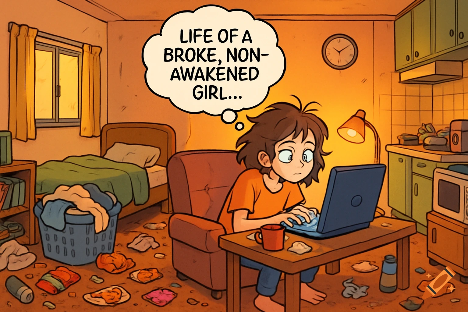 A cartoon girl with messy hair uses a laptop in a very cluttered room, with a thought bubble reading 'LIFE OF A BROKE, NON-AWAKENED GIRL...'.