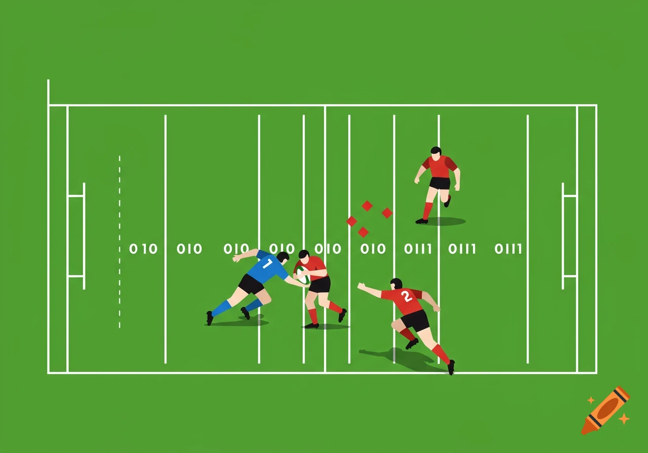 Top-down flat-design vector illustration of a rugby match on a green pitch. A blue-jersey player tackles a red-jersey ball-carrier, while another red player runs nearby.