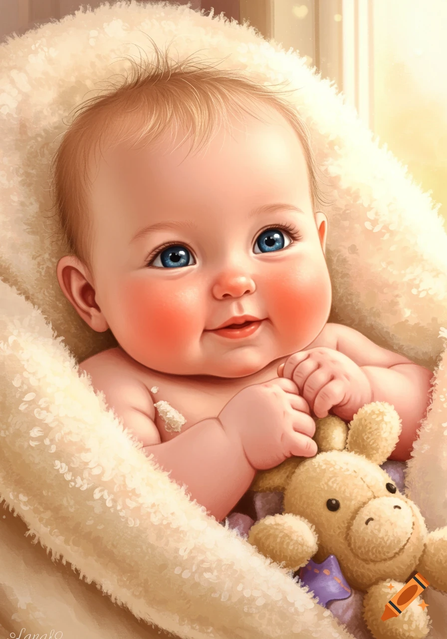 A smiling baby with blue eyes wrapped in a fluffy blanket, holding a teddy bear.