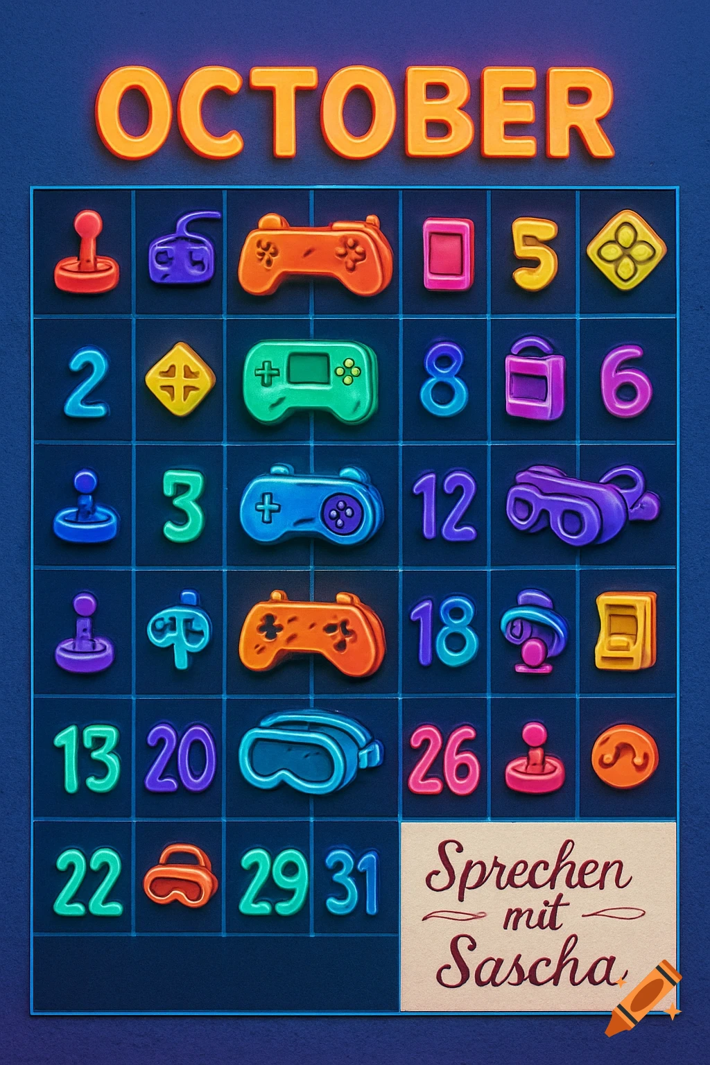 Colorful October calendar with video game icons on most days. The 29th features a box with 'Sprechen mit Sascha'.