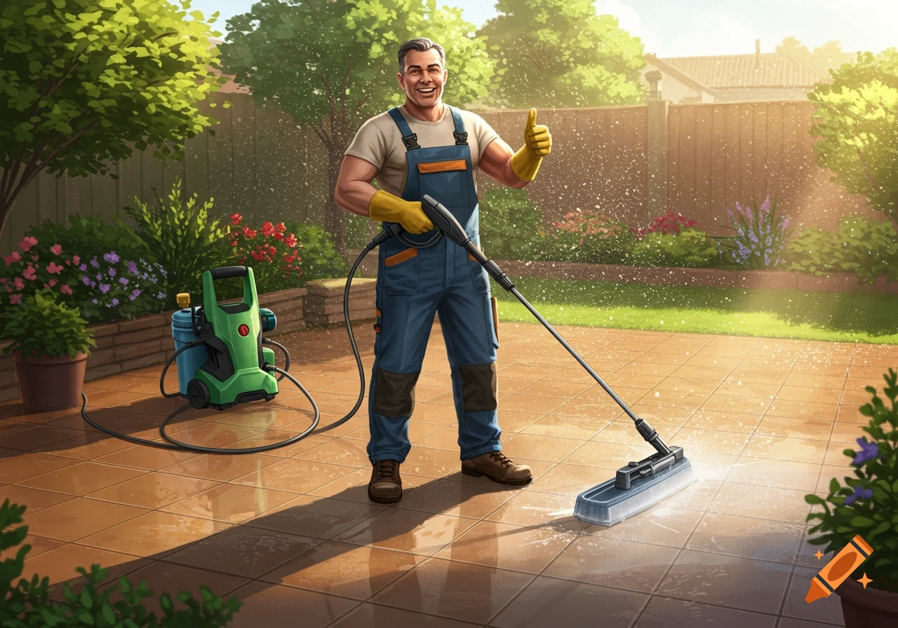 Smiling man in overalls and gloves pressure washing a sunny patio in a green backyard, giving a thumbs up.