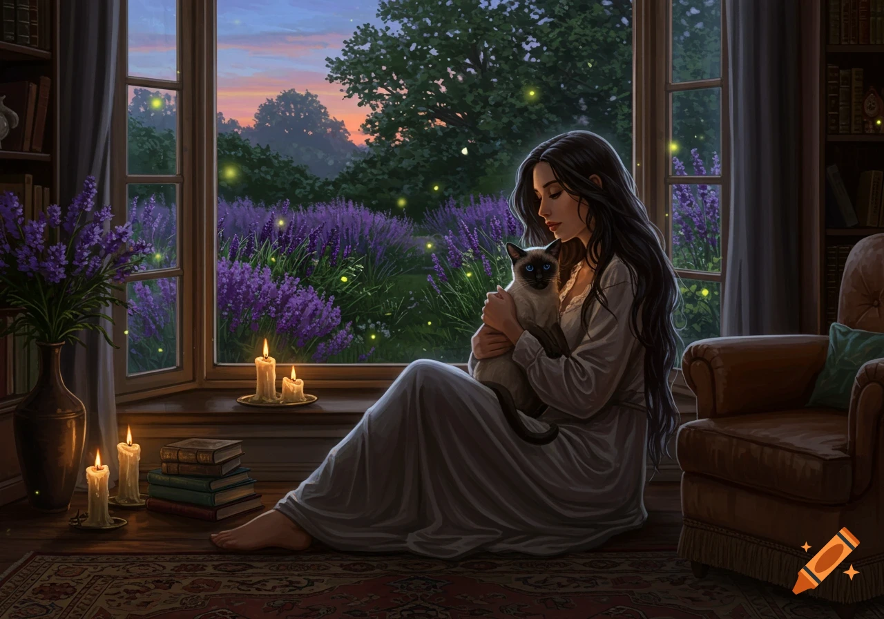 Digital painting of a woman holding a cat by a window, overlooking a lavender field at dusk with fireflies. Candles illuminate the room.